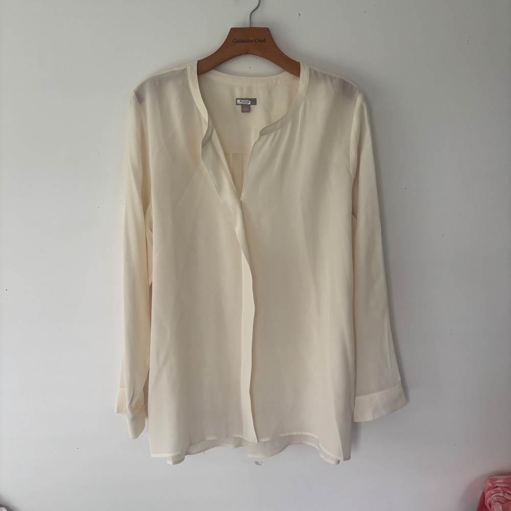 J Jill Ivory 100% Silk Top Long Sleeve Split Neck Blouse Large